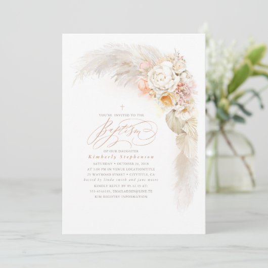 Zachte Pastel Bloemen en Pampas Gras Cute Doop Kaart (Staand voorkant)