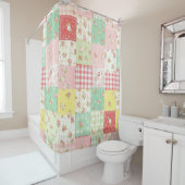 Zachte Pastel Bloemen Patchwork Gingham Rut Douchegordijn (In situ)