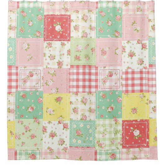 Zachte Pastel Bloemen Patchwork Gingham Rut Douchegordijn (Voorkant)