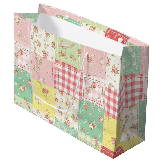 Zachte Pastel Bloemen Patchwork Gingham Rut Groot Cadeauzakje (Voorkant Gekanteld)