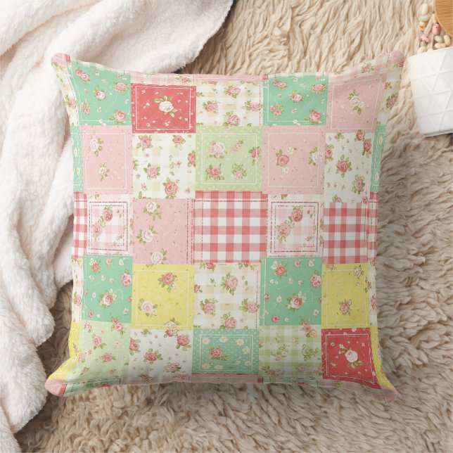 Zachte Pastel Bloemen Patchwork Gingham Rut Kussen (Deken)