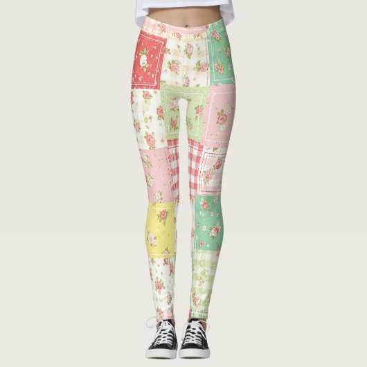 Zachte Pastel Bloemen Patchwork Gingham Rut Leggings (Voorkant)
