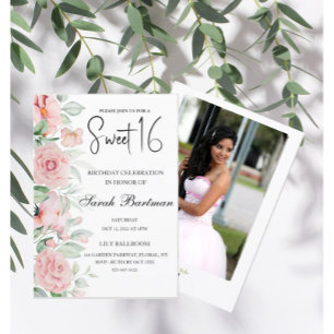 Zachte pastel bloemenfoto waterverf Sweet 16 Kaart