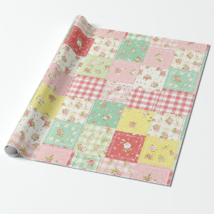 Zachte Pastel Bloemige Patchwork Ginghamruit Cadeaupapier