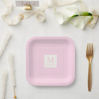 Zachte Pastel Blush Baby Roze en Witte Geruite Papieren Bordje