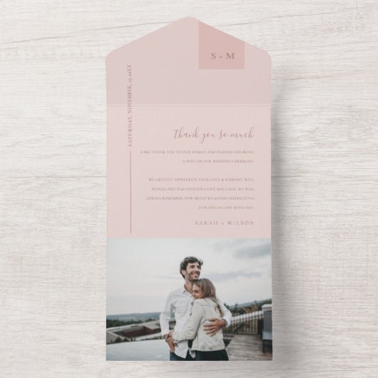 Zachte Pastel Blush Dusky Roze Bruiloft Dank u All In One Uitnodiging (Binnen)