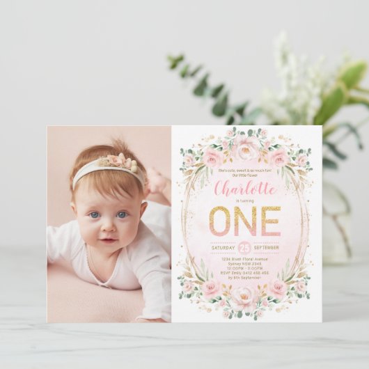 Zachte Pastel Blush Flower Glitter 1e Verjaardag M Kaart (Staand voorkant)