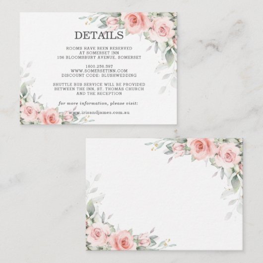 Zachte Pastel Blush Roze Bloemen Bruiloft Details  Informatiekaartje (Voorkant / Achterkant)