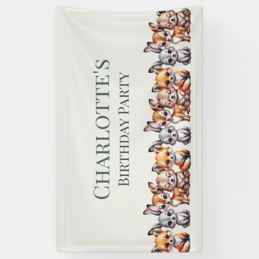 Zachte Pastel Bos Dieren Voor Kinderen Verjaardag Spandoek (Verticaal)