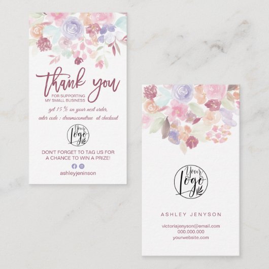 Zachte pastel floral script logo orde dank u visitekaartje (Voorkant / Achterkant)