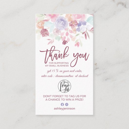 Zachte pastel floral script logo orde dank u visitekaartje (Voorkant)