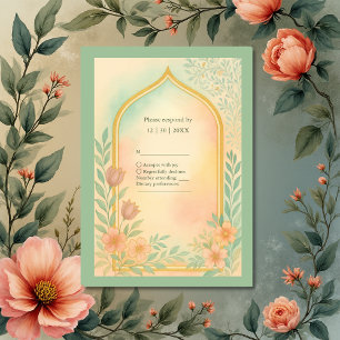 Zachte Pastel Goud Bloemen Boog Huwelijk RSVP Kaartje