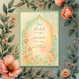 Zachte Pastel Gouden Bloemboog Save the Date Huwel Kaart