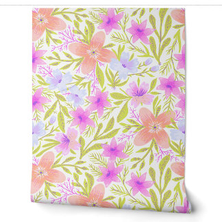 Zachte Pastel Handgetekende Lente Bloemen Behang