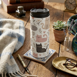 Zachte Pastel Kat & Bloemmotief Thermosbeker