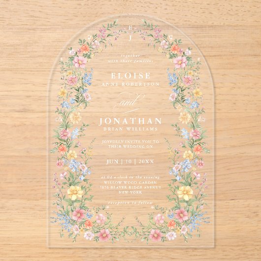 Zachte pastel lente Bloemboog Chic bruiloft Acryl Uitnodigingen (Voorkant)