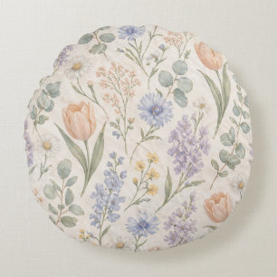 Zachte Pastel Lentewei Aquarel Tulpen Sering Rond Kussen