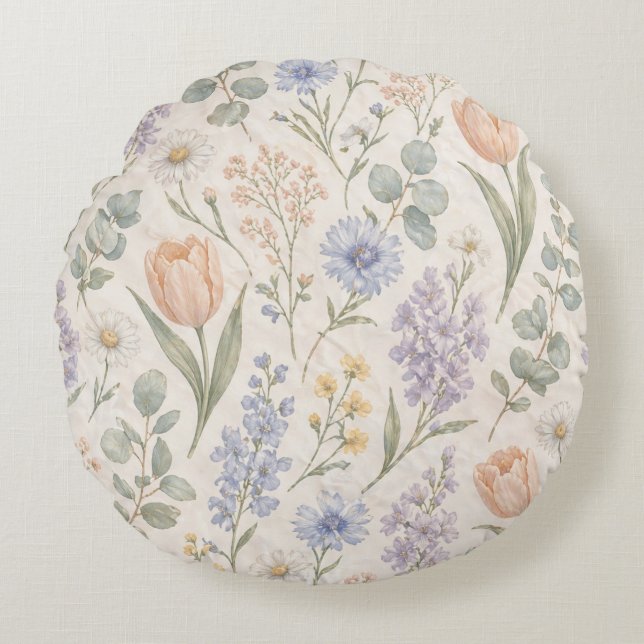 Zachte Pastel Lentewei Aquarel Tulpen Sering Rond Kussen (Voorkant)