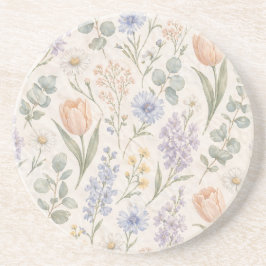 Zachte Pastel Lentewei Aquarel Tulpen Sering Zandsteen Onderzetter