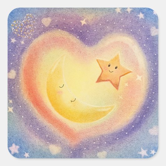 Zachte Pastel Maan Ster Dromerig Hemelontwerp Vierkante Sticker (Voorkant)