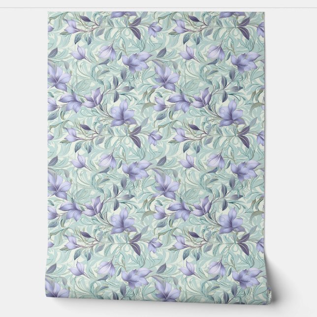 Zachte pastel paarse bloemen en salie groene blade behang (Afrollen)
