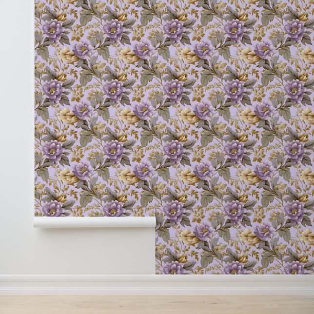 Zachte pastel paarse en faux gouden bloemen behang (Applicatie)