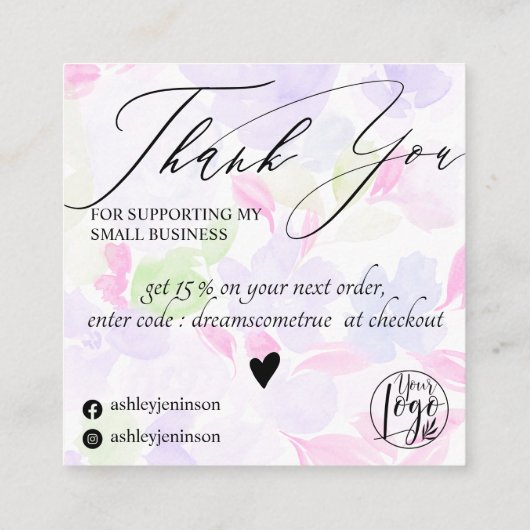 Zachte pastel paarse floranje volgorde dank u vierkante visitekaartje (Achterkant)