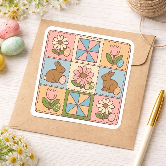 Zachte Pastel Paashaas Bloem Patchwork Vierkante Sticker