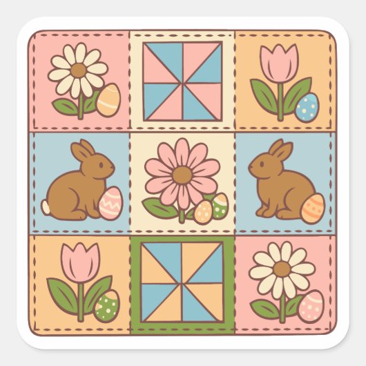 Zachte Pastel Paashaas Bloem Patchwork Vierkante Sticker (Voorkant)