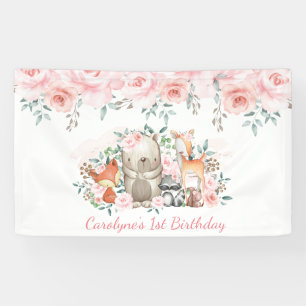Zachte Pastel Pink Floral Woodland Birthday Spandoek