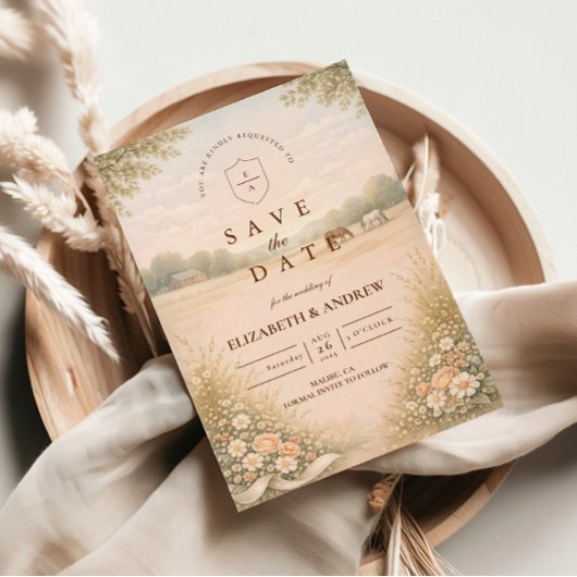 Zachte Pastel Platteland Weiland Bruiloft Save The Date