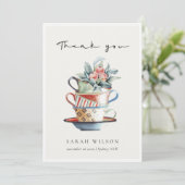 Zachte Pastel Rode Blauwe Gestapelde Kopjes Bloem  Bedankkaart (Staand voorkant)