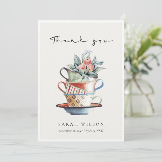 Zachte Pastel Rode Blauwe Gestapelde Kopjes Bloem  Bedankkaart (Staand voorkant)