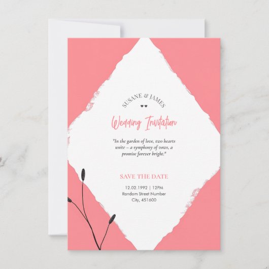 Zachte Pastel Rode Schets Diamanten Trouwkaart Kaart (Voorkant)