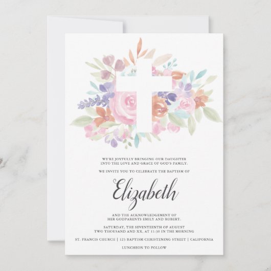 Zachte pastel roze bloemen Christelijke kruisdoop Kaart (Voorkant)