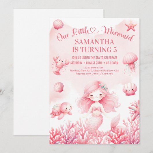 Zachte pastel roze kleine zeemeermin 5e verjaardag kaart (Voorkant / Achterkant)