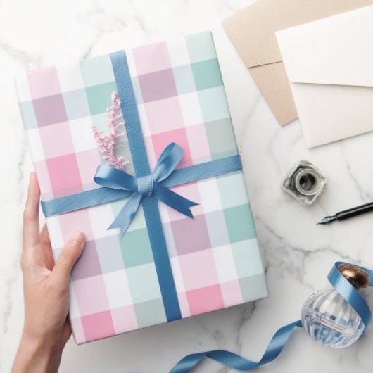 Zachte Pastel Roze Mint Gingham Witte Plaid Patroo Cadeaupapier (Geschenken)