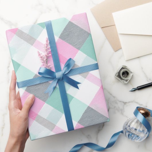 Zachte Pastel Roze Mint Gingham Witte Plaid Patroo Cadeaupapier (Geschenken)