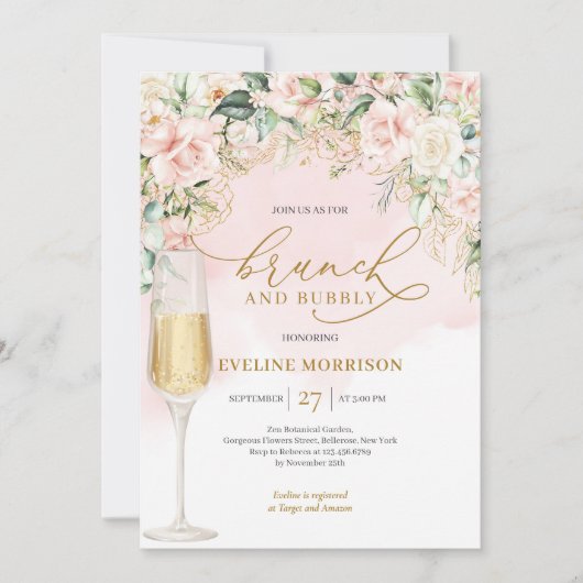 Zachte pastel roze rozen & gouden brunch en bubbel kaart (Voorkant)