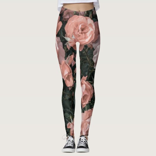Zachte pastel roze rozentuin leggings (Voorkant)