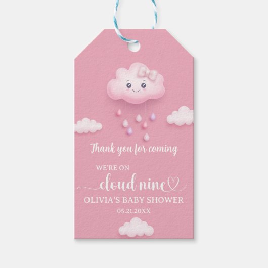 Zachte pastel roze wolk negen meisje baby shower cadeaulabel (Voorkant)