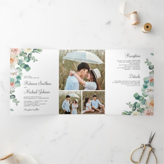 Zachte Pastel Rozen Eucalyptus Foto Collage Bruilo Drieluik Uitnodiging (Binnen)