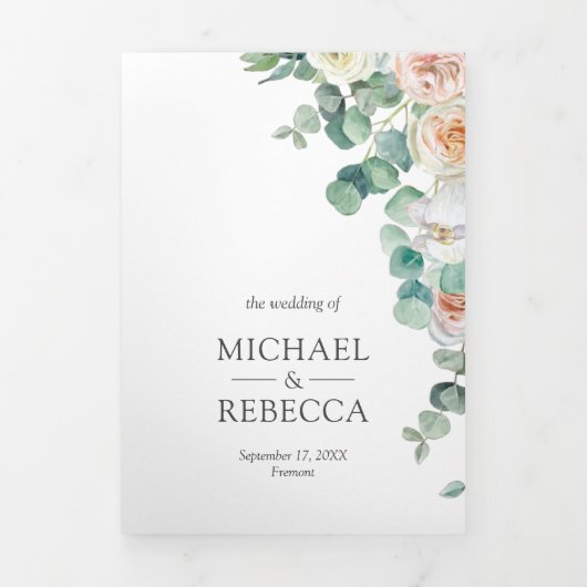 Zachte Pastel Rozen Eucalyptus Foto Collage Bruilo Drieluik Uitnodiging (Cover)