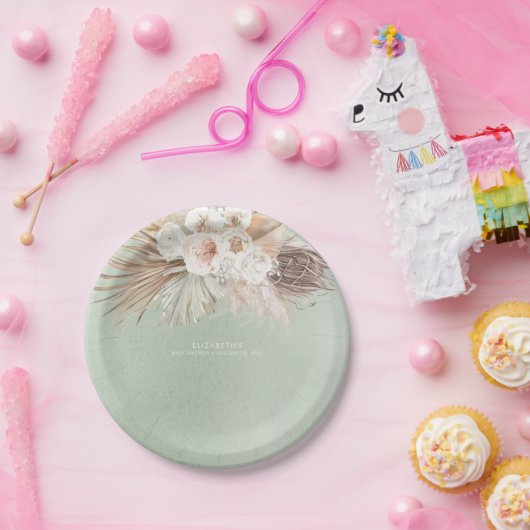 Zachte Pastel Saliegroen Pampas Gras en Bloemen Papieren Bordje (Feest)