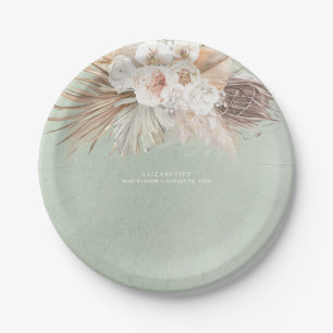 Zachte Pastel Saliegroen Pampas Gras en Bloemen Papieren Bordje