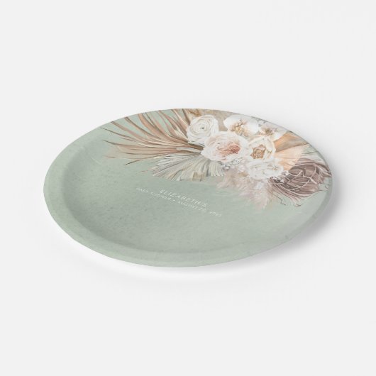 Zachte Pastel Saliegroen Pampas Gras en Bloemen Papieren Bordje (Gekanteld)