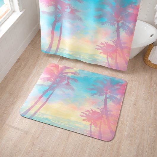 Zachte Pastel Tropische Palmbomen Teal Roze Kust Badmat