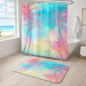 Zachte Pastel Tropische Palmbomen Teal Roze Kust Badmat