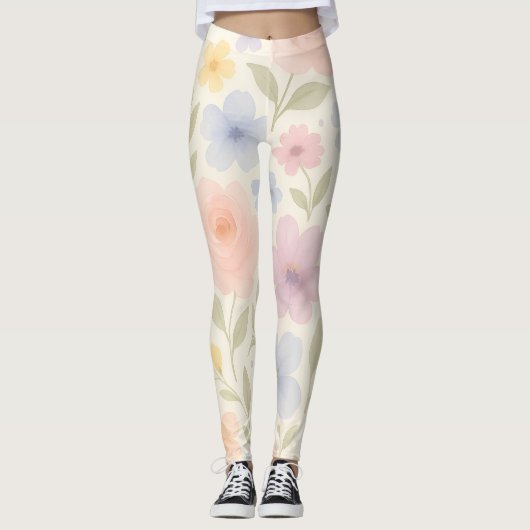 Zachte Pastel Waterverf Bloemen Leggings (Voorkant)