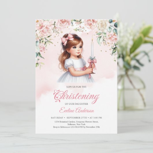 Zachte pastel waterverf blush rozen krans goud kaart (Staand voorkant)